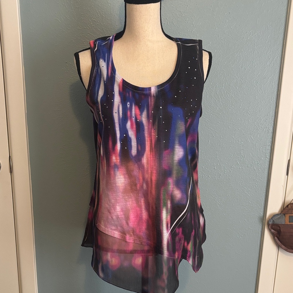 Sleeveless Multicolor Printed Chiffon-Trim Tank Top
